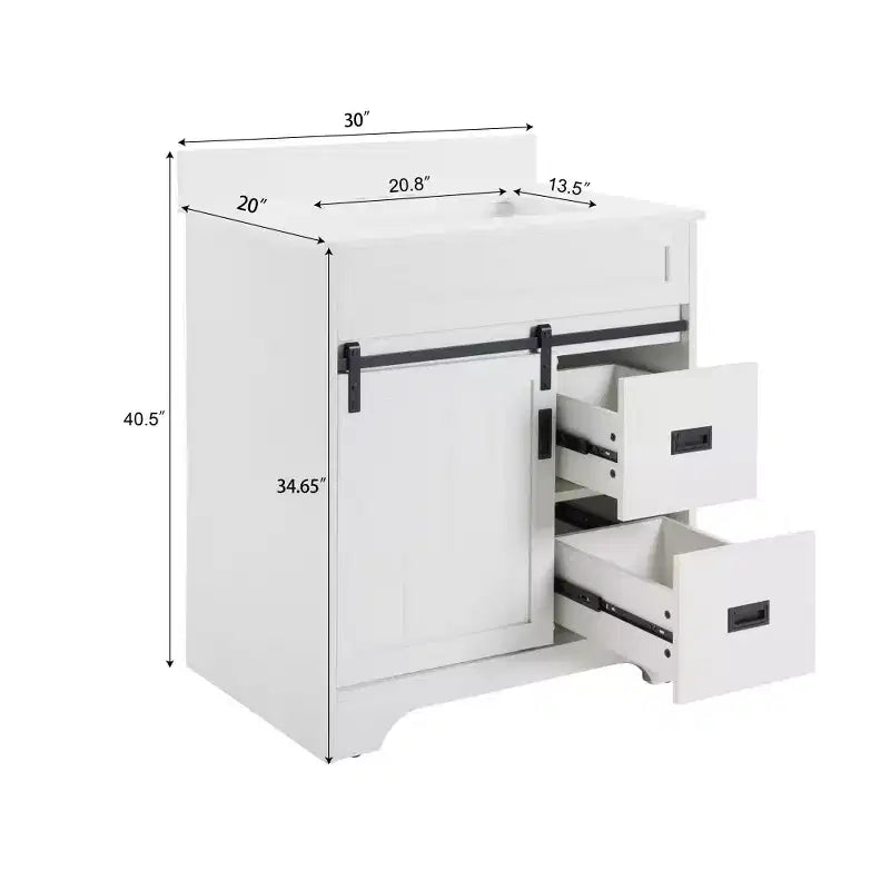 Bestier 30 Tocador de baño blanco estilo rústico con puertas correderas de granero, 2 cajones, tocador independiente con protección contra salpicaduras