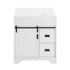 Bestier 30 Tocador de baño blanco estilo rústico con puertas correderas de granero, 2 cajones, tocador independiente con protección contra salpicaduras