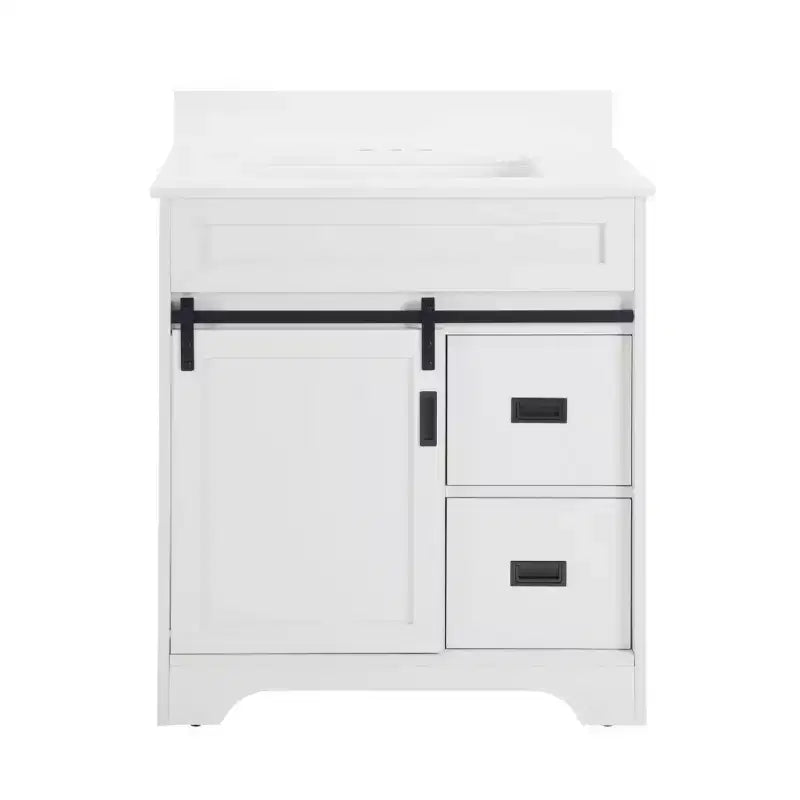 Bestier 30 Tocador de baño blanco estilo rústico con puertas correderas de granero, 2 cajones, tocador independiente con protección contra salpicaduras