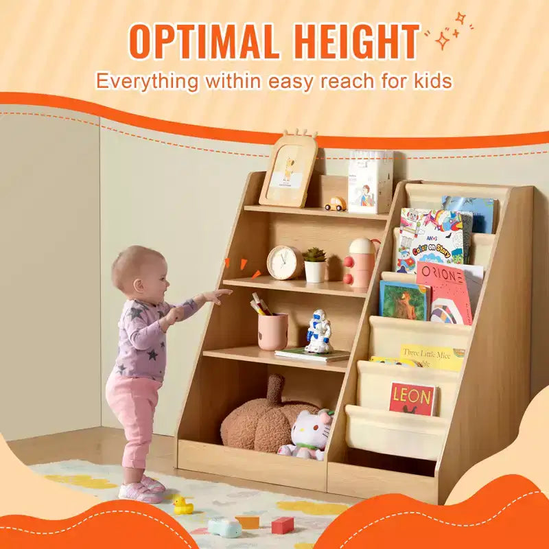 VEVOR Estantería de madera de 4 niveles para niños, librería de seis capas con cabestrillo, estante de almacenamiento de libros para bebés, armario organizador de juguetes de libros, para habitación de niños, sala de juegos