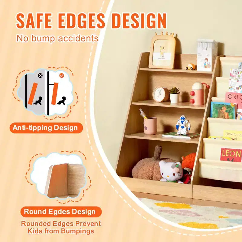 VEVOR Estantería de madera de 4 niveles para niños, librería de seis capas con cabestrillo, estante de almacenamiento de libros para bebés, armario organizador de juguetes de libros, para habitación de niños, sala de juegos