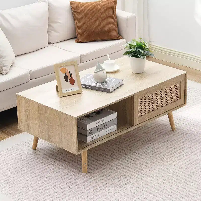 Mesa de centro de ratán VEVOR, mesa de centro moderna de mediados de siglo, mesa de centro rectangular de madera, mesa de centro moderna de estilo bohemio de dos niveles y almacenamiento de 42 pulgadas