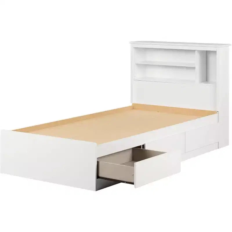 HomeStock Cama individual de 101,6 cm de alto, blanca, con estantería y marco de cama de aglomerado