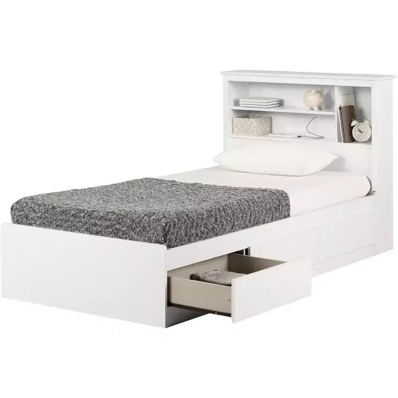HomeStock Cama individual de 101,6 cm de alto, blanca, con estantería y marco de cama de aglomerado