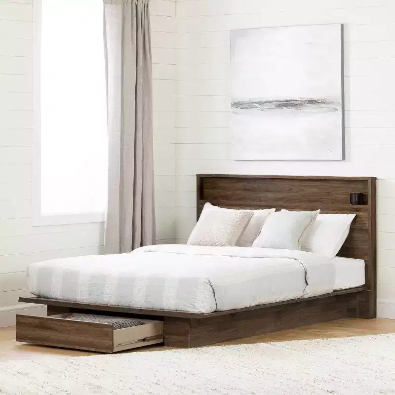 Estructura de cama HomeStock de 8.5 pulgadas de alto, ajustable (de matrimonial a queen size) marrón con almacenamiento, de aglomerado