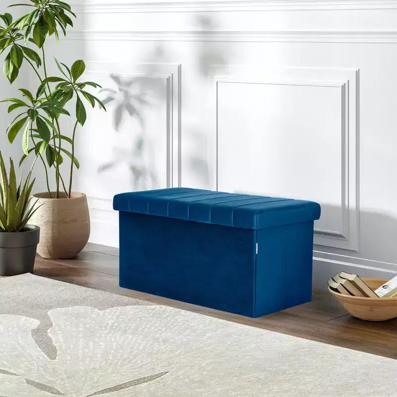 Otomana de almacenamiento con cojín de terciopelo azul Seville Classics