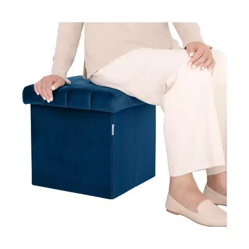 Otomana de almacenamiento con cojín de terciopelo azul Seville Classics