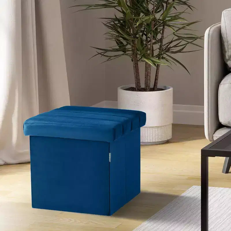 Otomana de almacenamiento con cojín de terciopelo azul Seville Classics