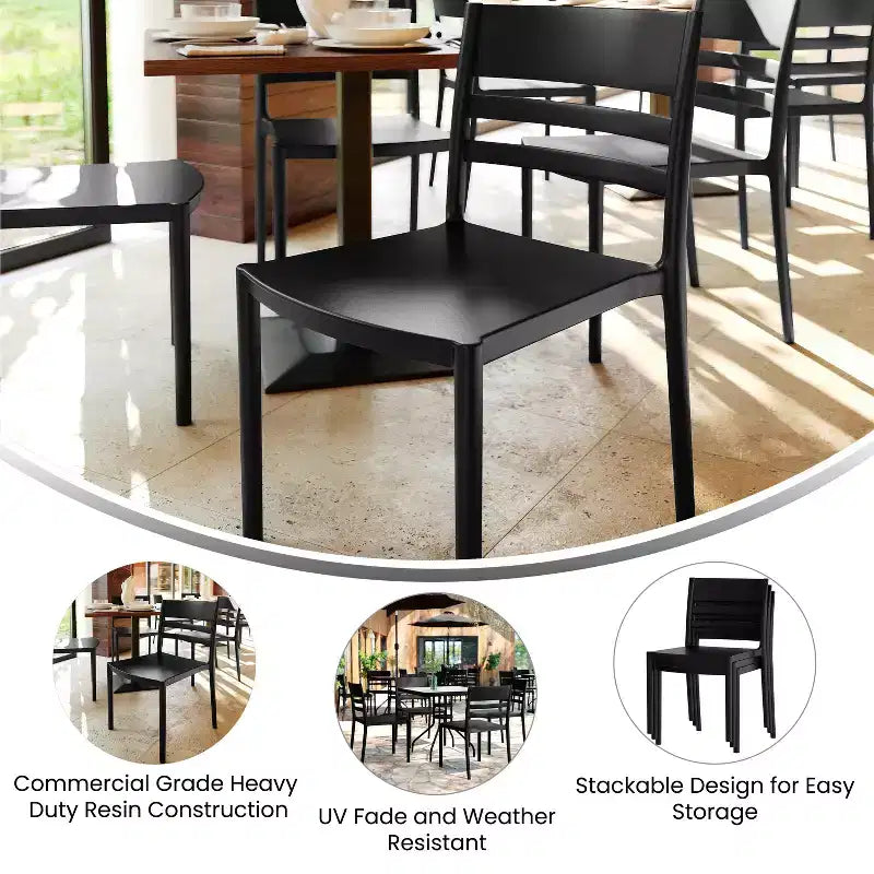Flash Furniture Bridgeport - Juego de 2 sillas apilables para patio, para interior y exterior, con respaldo de listones, silla de resina comercial para todo tipo de clima