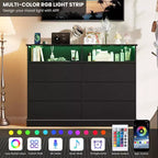 Cómoda blanca para dormitorio, cómoda de 6 cajones con luces LED y estación de carga, para sala de estar, pasillo