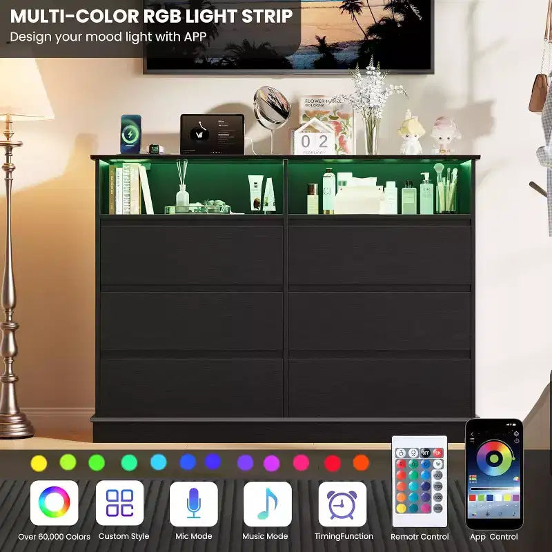 Cómoda blanca para dormitorio, cómoda de 6 cajones con luces LED y estación de carga, para sala de estar, pasillo
