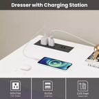 Cómoda blanca para dormitorio, cómoda de 6 cajones con luces LED y estación de carga, para sala de estar, pasillo
