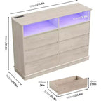 Cómoda blanca para dormitorio, cómoda de 6 cajones con luces LED y estación de carga, para sala de estar, pasillo