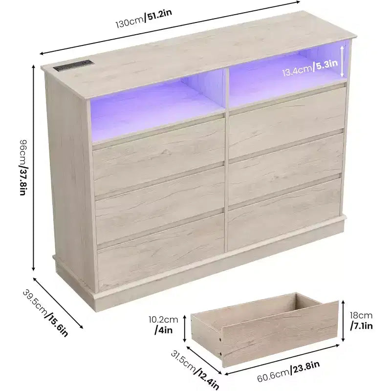 Cómoda blanca para dormitorio, cómoda de 6 cajones con luces LED y estación de carga, para sala de estar, pasillo