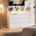 Cómoda blanca para dormitorio, cómoda de 6 cajones con luces LED y estación de carga, para sala de estar, pasillo