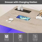 Cómoda blanca para dormitorio, cómoda de 6 cajones con luces LED y estación de carga, para sala de estar, pasillo