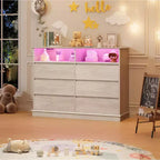 Cómoda blanca para dormitorio, cómoda de 6 cajones con luces LED y estación de carga, para sala de estar, pasillo