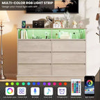 Cómoda blanca para dormitorio, cómoda de 6 cajones con luces LED y estación de carga, para sala de estar, pasillo