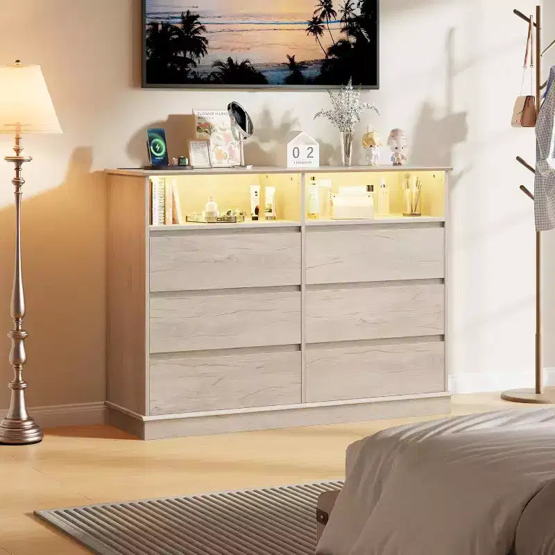 Cómoda blanca para dormitorio, cómoda de 6 cajones con luces LED y estación de carga, para sala de estar, pasillo