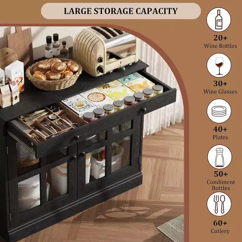 Mueble de almacenamiento para cocina, aparador bufé con 2 puertas de cristal, cajón de madera, panel trasero de MDF, mueble de barra de café moderno con estante ajustable