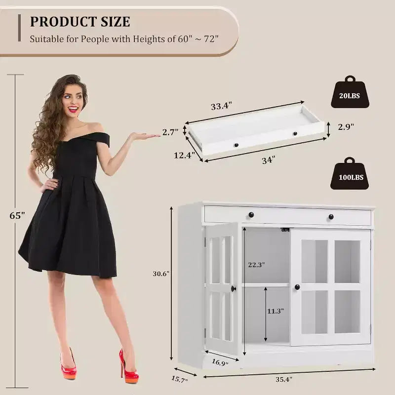 Mueble de almacenamiento para cocina, aparador bufé con 2 puertas de cristal, cajón de madera, panel trasero de MDF, mueble de barra de café moderno con estante ajustable