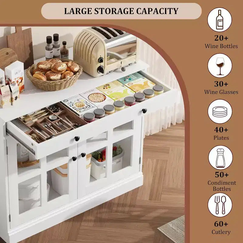 Mueble de almacenamiento para cocina, aparador bufé con 2 puertas de cristal, cajón de madera, panel trasero de MDF, mueble de barra de café moderno con estante ajustable