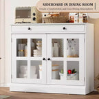 Mueble de almacenamiento para cocina, aparador bufé con 2 puertas de cristal, cajón de madera, panel trasero de MDF, mueble de barra de café moderno con estante ajustable