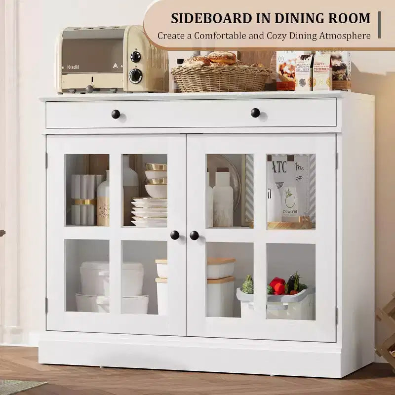 Mueble de almacenamiento para cocina, aparador bufé con 2 puertas de cristal, cajón de madera, panel trasero de MDF, mueble de barra de café moderno con estante ajustable