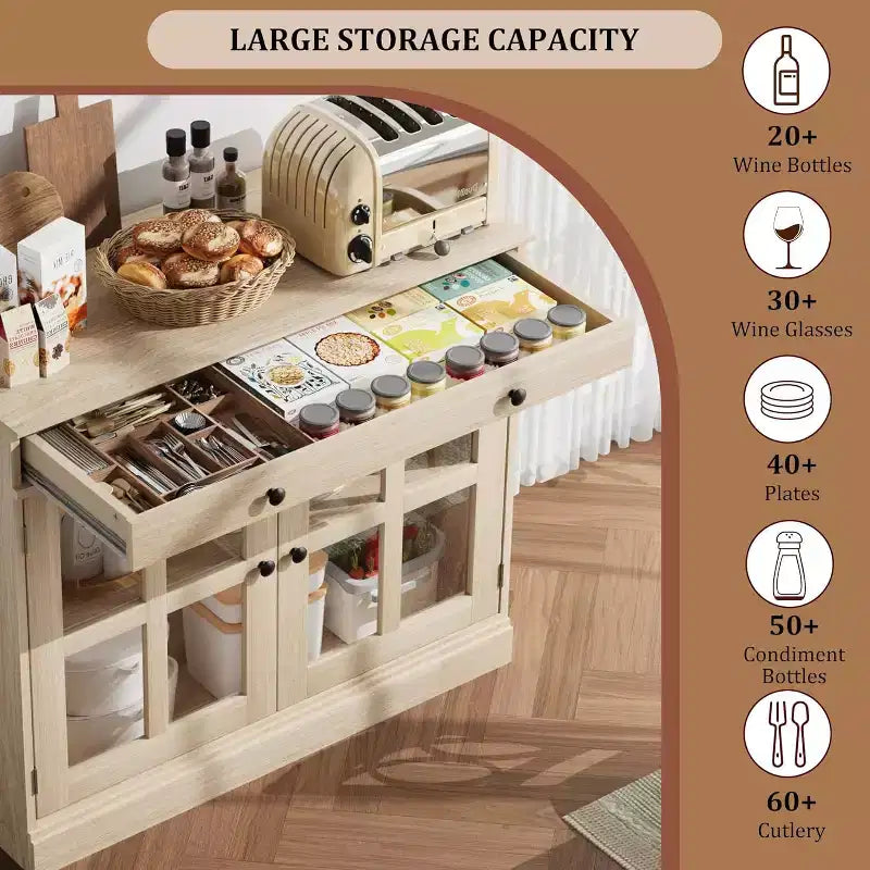 Mueble de almacenamiento para cocina, aparador bufé con 2 puertas de cristal, cajón de madera, panel trasero de MDF, mueble de barra de café moderno con estante ajustable