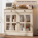 Mueble de almacenamiento para cocina, aparador bufé con 2 puertas de cristal, cajón de madera, panel trasero de MDF, mueble de barra de café moderno con estante ajustable