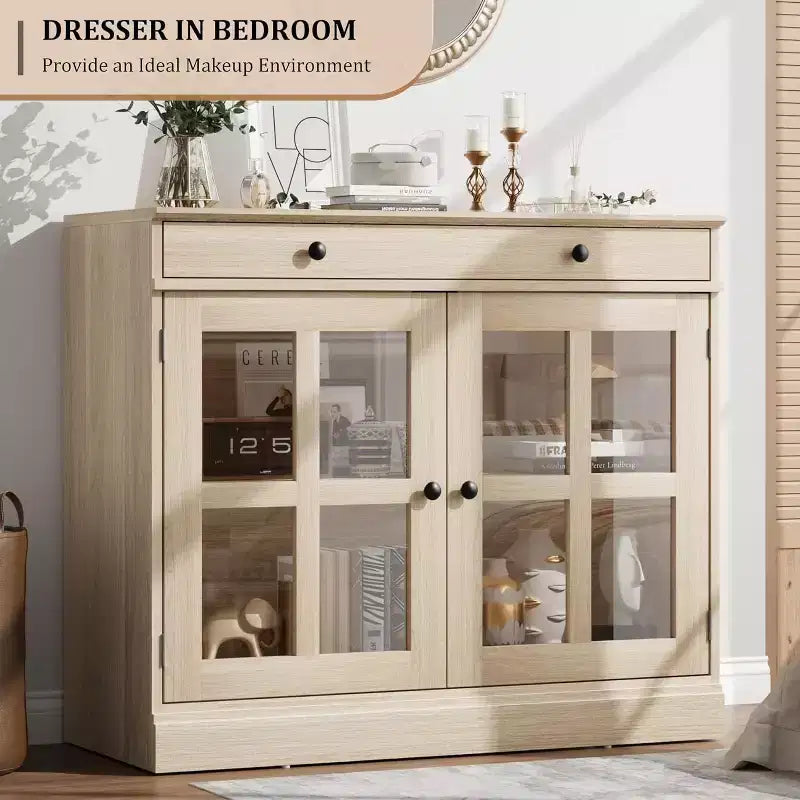 Mueble de almacenamiento para cocina, aparador bufé con 2 puertas de cristal, cajón de madera, panel trasero de MDF, mueble de barra de café moderno con estante ajustable
