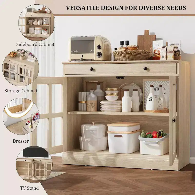 Mueble de almacenamiento para cocina, aparador bufé con 2 puertas de cristal, cajón de madera, panel trasero de MDF, mueble de barra de café moderno con estante ajustable