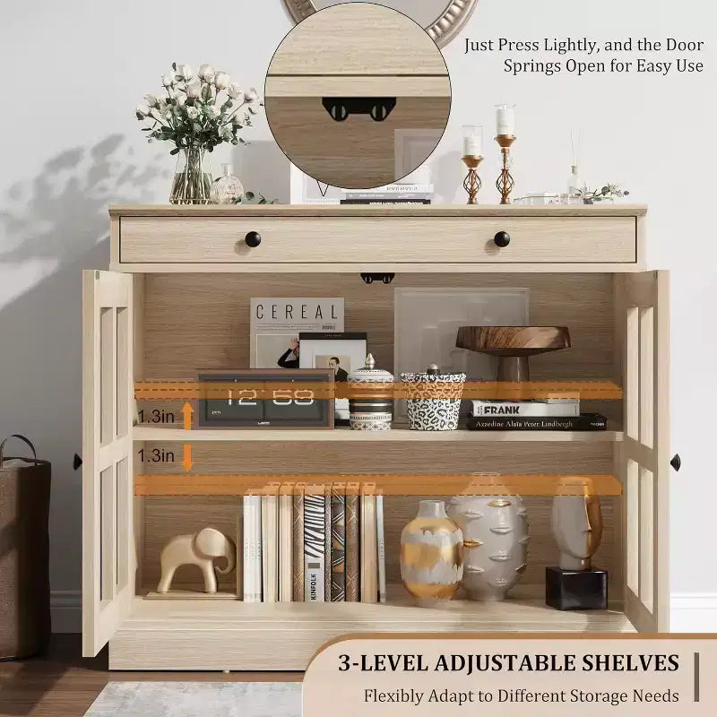 Mueble de almacenamiento para cocina, aparador bufé con 2 puertas de cristal, cajón de madera, panel trasero de MDF, mueble de barra de café moderno con estante ajustable