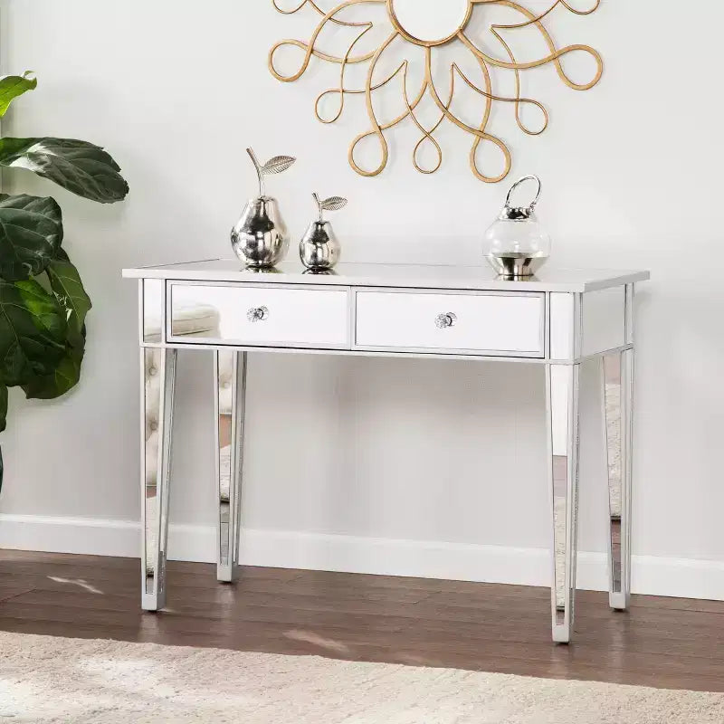 Mesa consola de 2 cajones con espejo Mirage - Plateado - SEI