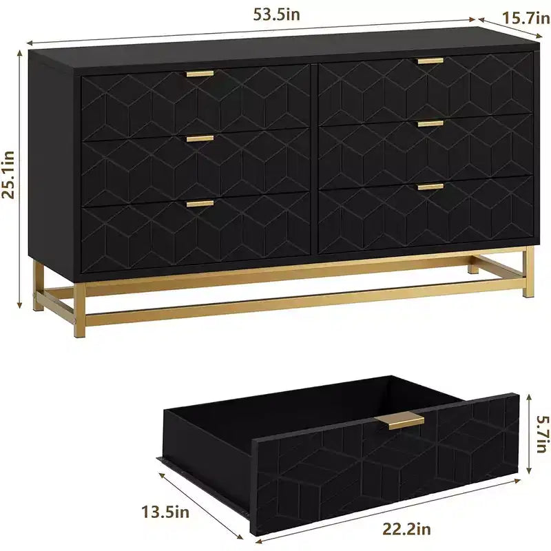 Cómoda con cajones, Cómoda para dormitorio, Organizador de cómoda de 53.5" con manijas y patas de metal