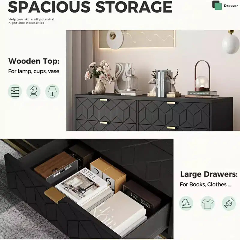 Cómoda con cajones, Cómoda para dormitorio, Organizador de cómoda de 53.5" con manijas y patas de metal