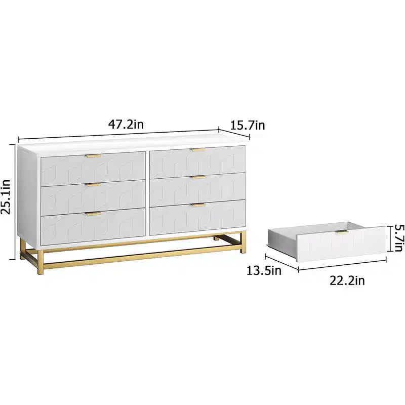 Cómoda con cajones, Cómoda para dormitorio, Organizador de cómoda de 53.5" con manijas y patas de metal