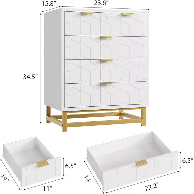 Cómoda con cajones, Cómoda para dormitorio, Organizador de cómoda de 53.5" con manijas y patas de metal