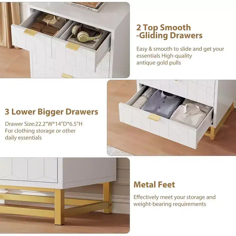 Cómoda con cajones, Cómoda para dormitorio, Organizador de cómoda de 53.5" con manijas y patas de metal