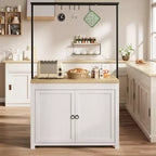 Isla de cocina de 42 pulgadas con almacenamiento, mesa de isla multifuncional con estantes de 2 niveles, encimera de cocina con 5 ganchos, blanco y natural