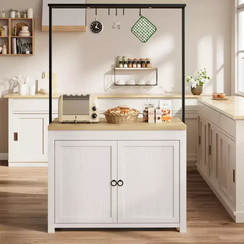 Isla de cocina de 42 pulgadas con almacenamiento, mesa de isla multifuncional con estantes de 2 niveles, encimera de cocina con 5 ganchos, blanco y natural