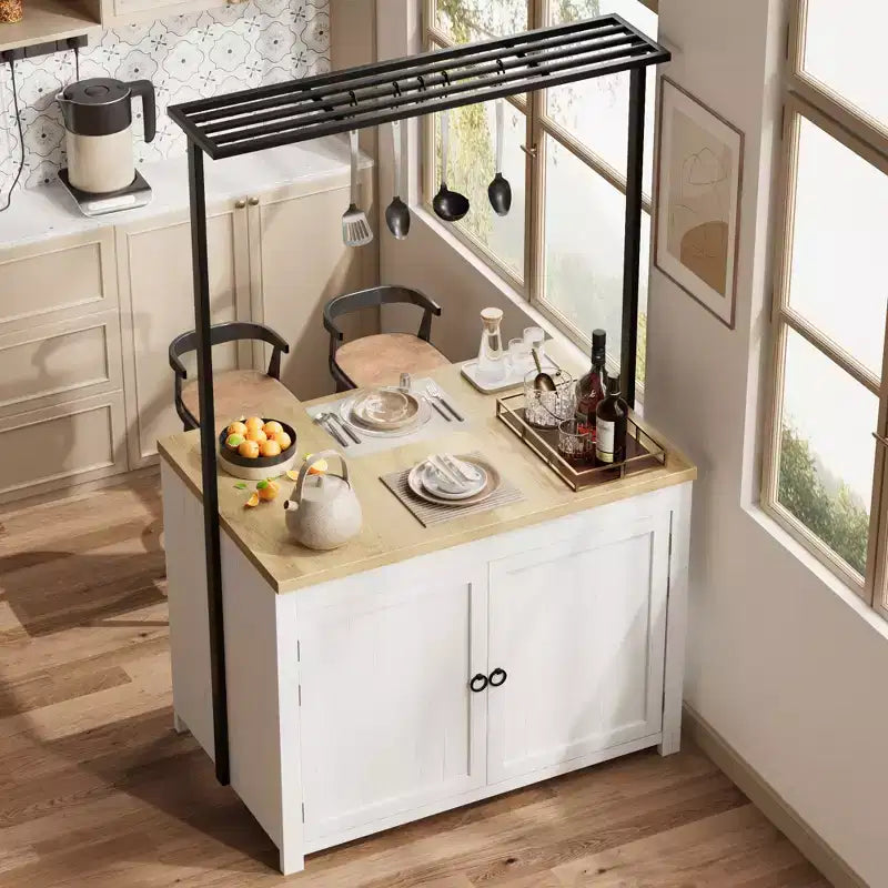 Isla de cocina de 42 pulgadas con almacenamiento, mesa de isla multifuncional con estantes de 2 niveles, encimera de cocina con 5 ganchos, blanco y natural