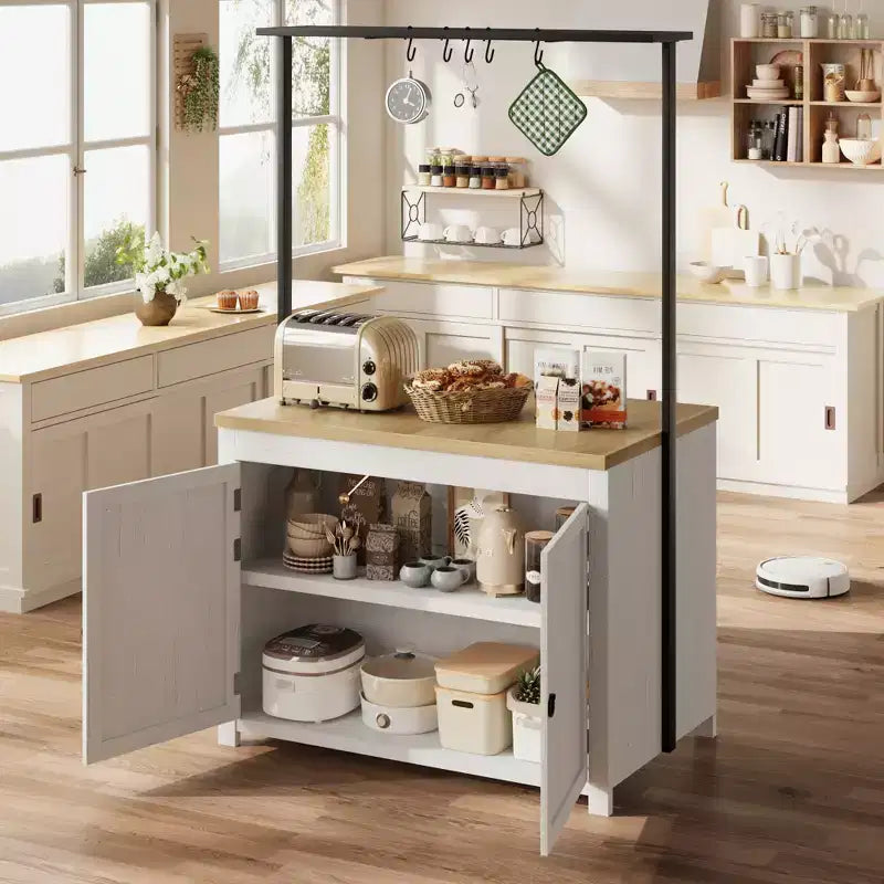 Isla de cocina de 42 pulgadas con almacenamiento, mesa de isla multifuncional con estantes de 2 niveles, encimera de cocina con 5 ganchos, blanco y natural