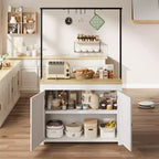 Isla de cocina de 42 pulgadas con almacenamiento, mesa de isla multifuncional con estantes de 2 niveles, encimera de cocina con 5 ganchos, blanco y natural