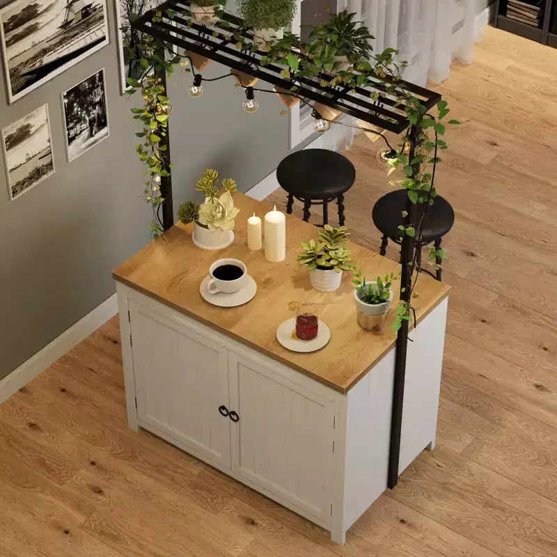 Isla de cocina de 42 pulgadas con almacenamiento, mesa de isla multifuncional con estantes de 2 niveles, encimera de cocina con 5 ganchos, blanco y natural