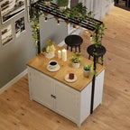 Isla de cocina de 42 pulgadas con almacenamiento, mesa de isla multifuncional con estantes de 2 niveles, encimera de cocina con 5 ganchos, blanco y natural