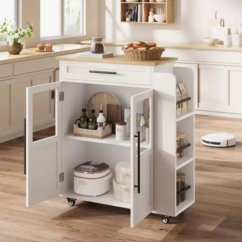 Isla de cocina de madera con ruedas y cajones, carro de cocina con armario de almacenamiento sobre ruedas, isla de carrito con encimera de madera más gruesa y 3 estantes para especias