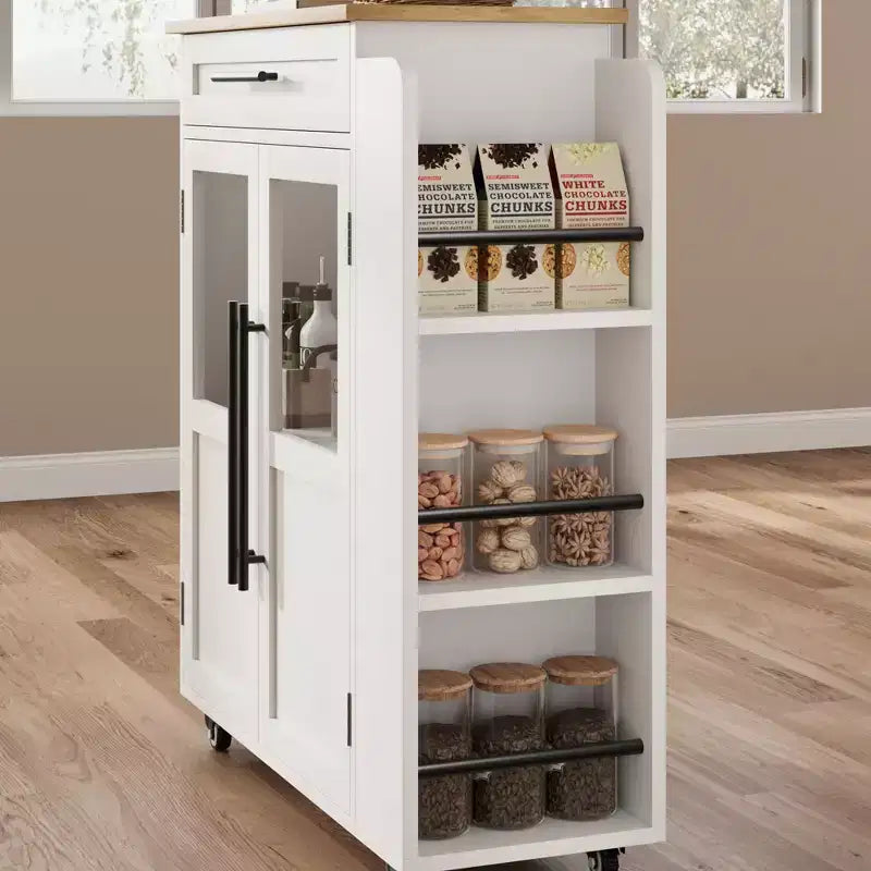 Isla de cocina de madera con ruedas y cajones, carro de cocina con armario de almacenamiento sobre ruedas, isla de carrito con encimera de madera más gruesa y 3 estantes para especias