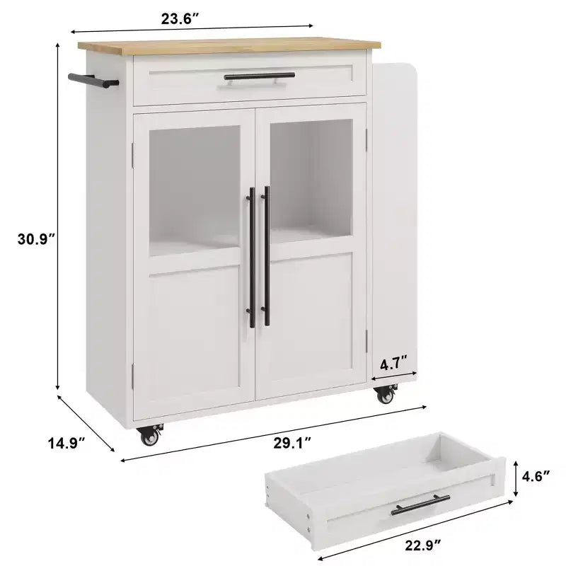Isla de cocina de madera con ruedas y cajones, carro de cocina con armario de almacenamiento sobre ruedas, isla de carrito con encimera de madera más gruesa y 3 estantes para especias