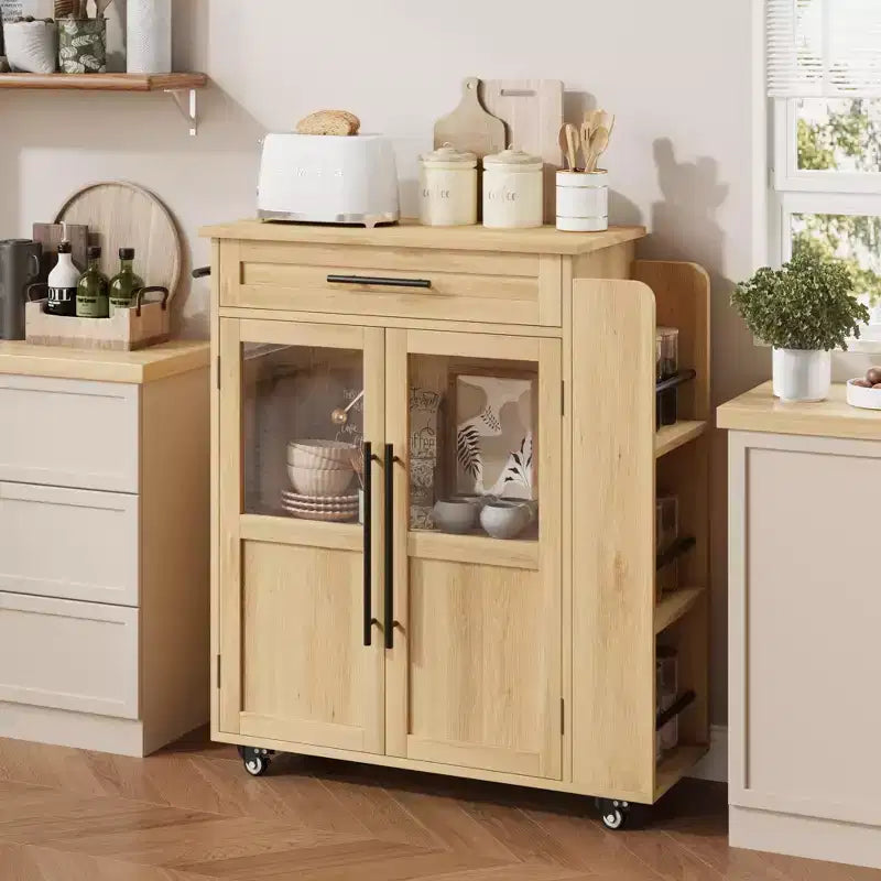 Isla de cocina de madera con ruedas y cajones, carro de cocina con armario de almacenamiento sobre ruedas, isla de carrito con encimera de madera más gruesa y 3 estantes para especias